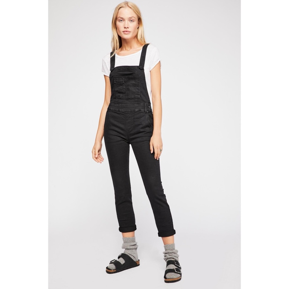 Free People Through The Woods Black Stretch Denim Overalls Size 25